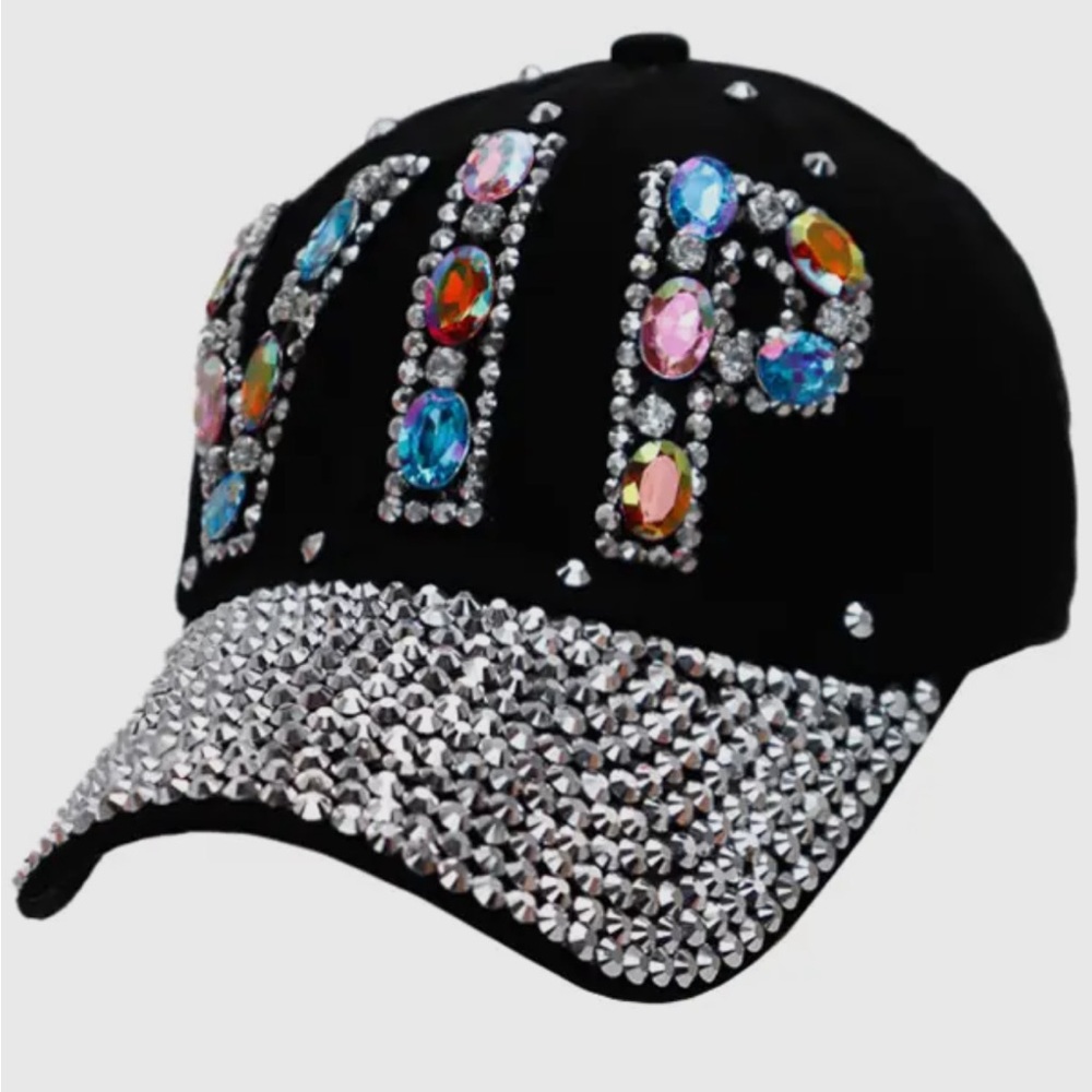 VIP Colorful Gem Bling Rhinestone Embellished Baseball Cap, Black